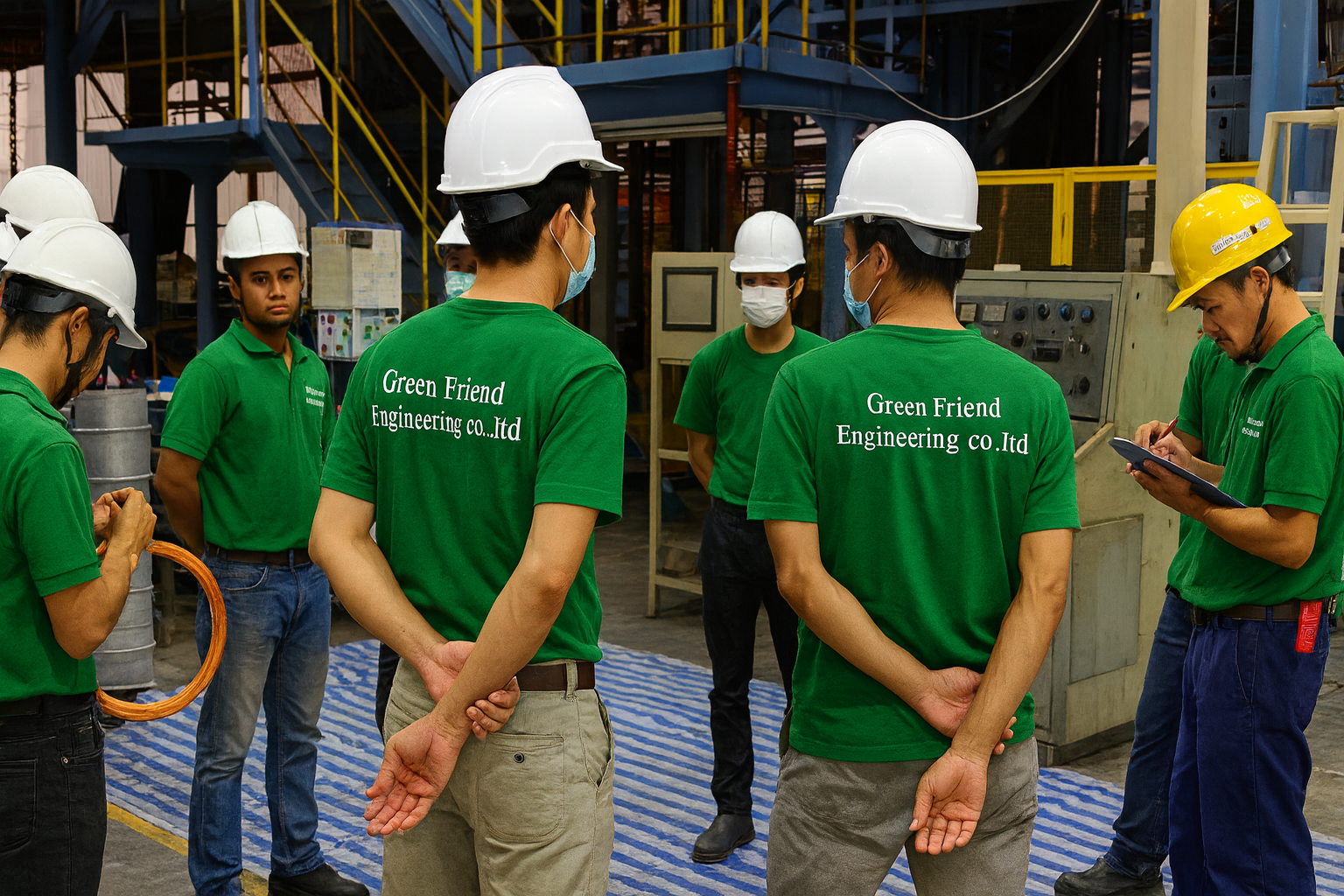 ภาพทีมงานมืออาชีพจากบริษัทรับเหมาก่อสร้างโรงงานที่มีจุดเด่นด้านความเชี่ยวชาญและความปลอดภัยในการทำงาน แสดงถึงมาตรฐานการก่อสร้างคุณภาพสูง