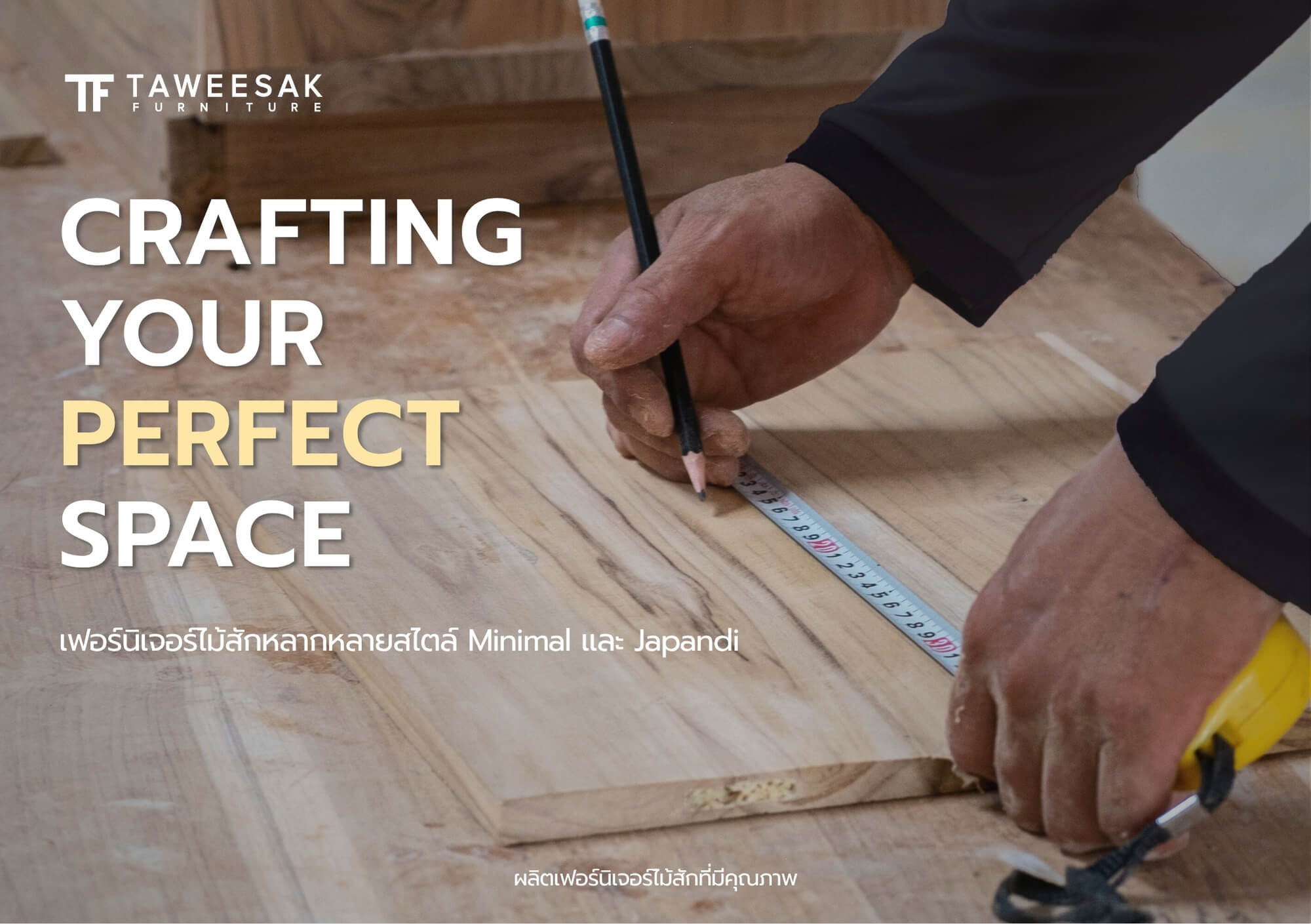 Crafting Your Perfect Space – เฟอร์นิเจอร์ไม้สักคุณภาพจาก Taweesak Furniture ช่างไม้กำลังวัดไม้สักสำหรับเฟอร์นิเจอร์สไตล์ Minimal และ Japandi จาก Taweesak Furnitur