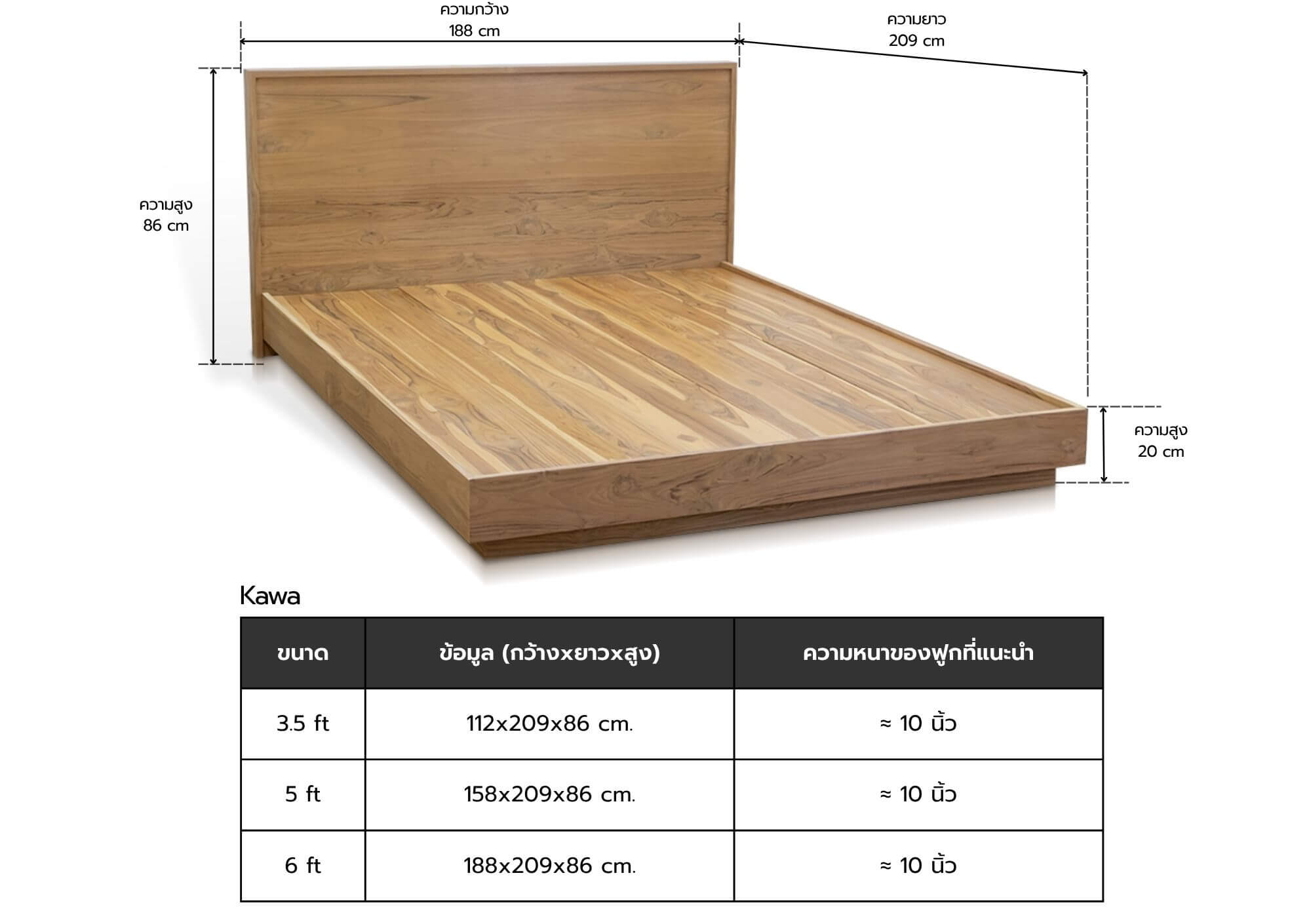 Size_Kawa_bed รายละเอียดขนาดความกว้าง ยาว สูง ของเตียงไม้สัก