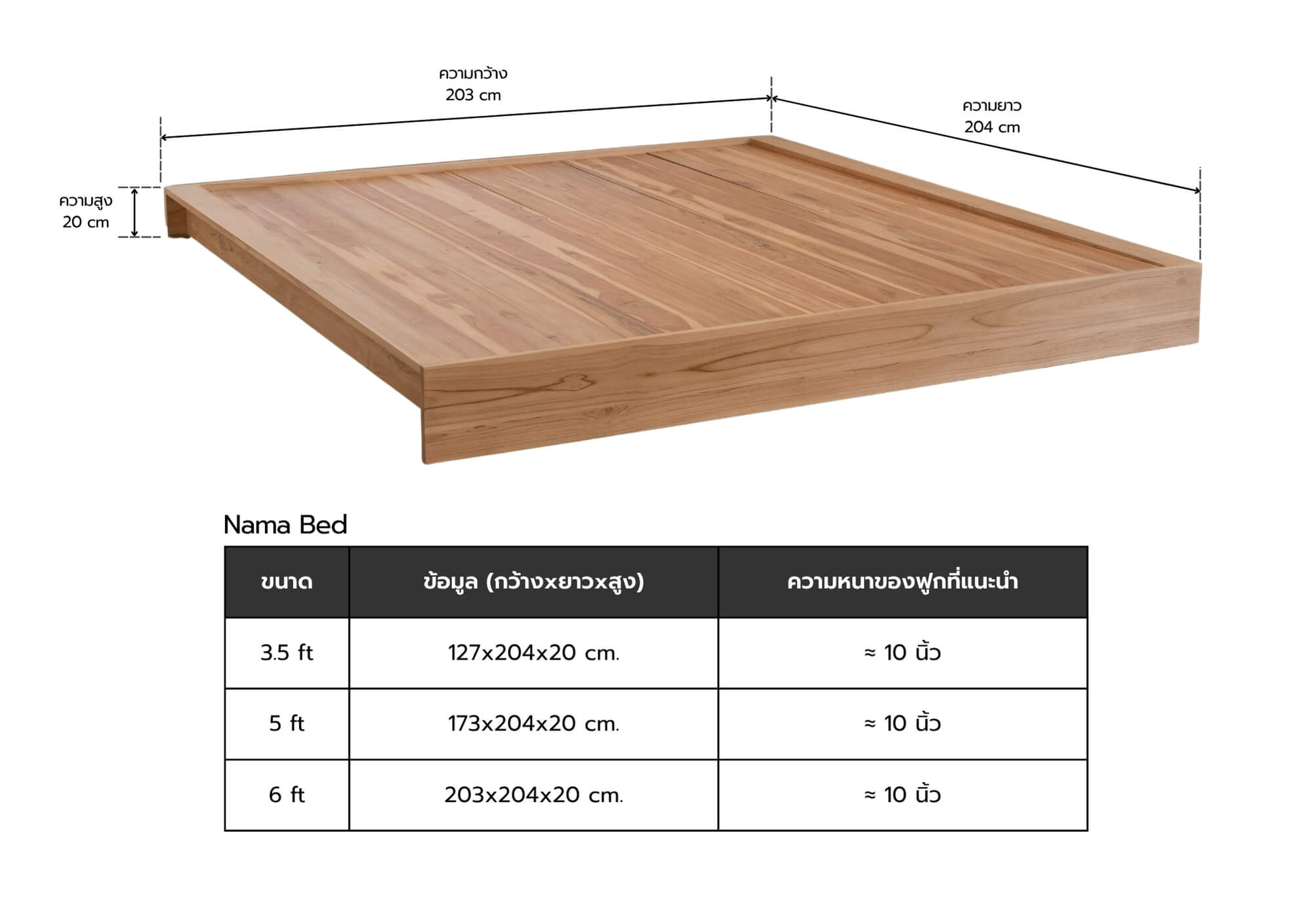 Size_nama_bed รายละเอียดขนาดความกว้าง ยาว สูง ของเตียงไม้สัก