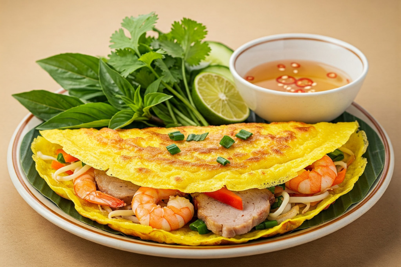 บั๋นแซ่ว เครปเวียดนามสีเหลืองกรอบ ไส้กุ้ง หมู และถั่วงอก