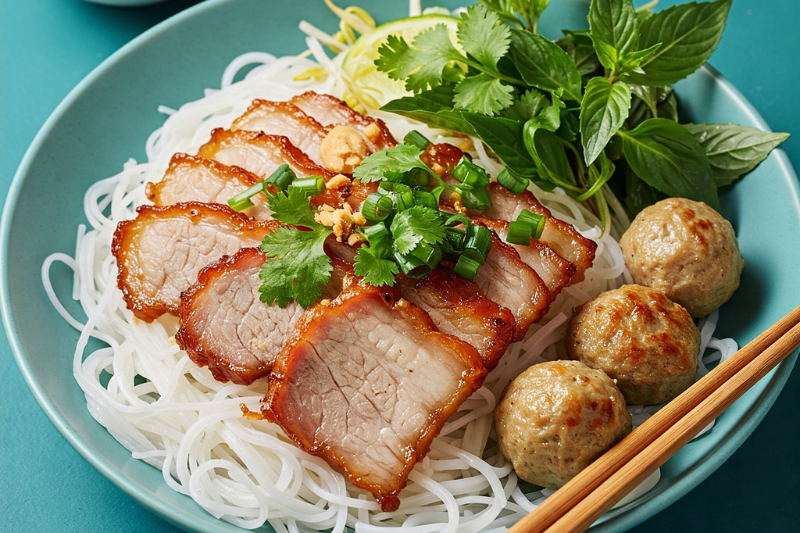 บุ๋นจ่า หมูย่างเวียดนาม เสิร์ฟพร้อมขนมจีนและน้ำจิ้มรสเปรี้ยวหวาน