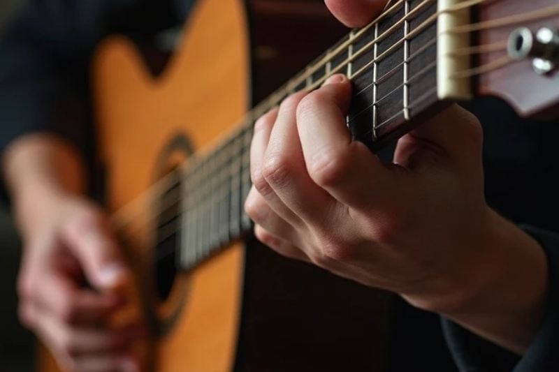 มือของนักกีตาร์ฟลาเมงโกกำลังบรรเลงเพลงด้วยเทคนิคดั้งเดิมของสเปน