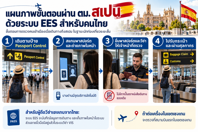 แผนภาพขั้นตอนผ่านด่านตรวจคนเข้าเมืองสเปนด้วยระบบ EES สำหรับคนไทย ตั้งแต่เดินตามป้าย Passport Control ไปจนถึงรับกระเป๋าและผ่านศุลกากร