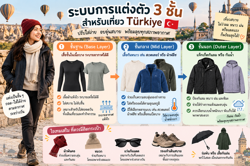 อินโฟกราฟิกแนะนำการแต่งตัวแบบ 3 ชั้น สำหรับเที่ยวตุรกีในอากาศเปลี่ยนแปลง