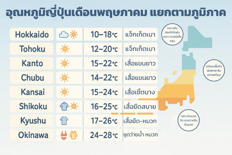 แผนที่อุณหภูมิญี่ปุ่นเดือนพฤษภาคม จำแนกตามภูมิภาค