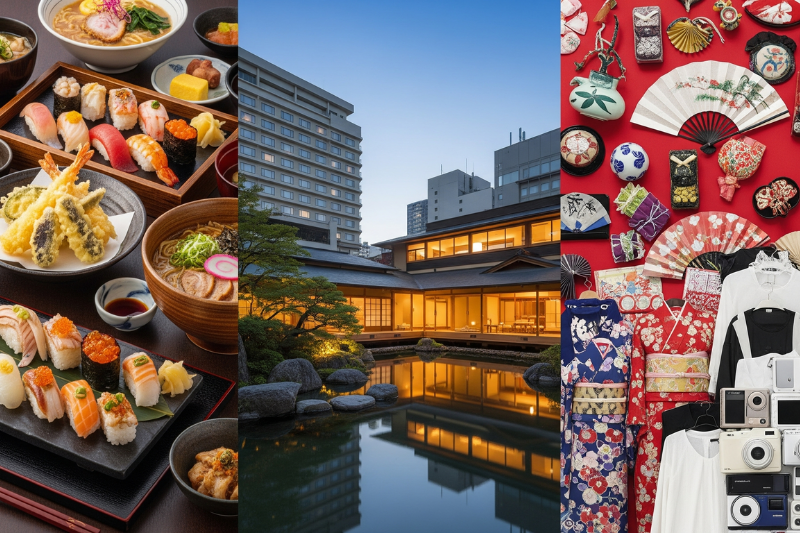 คอลลาจที่แบ่งเป็น 3 ช่อง คือ อาหารน่ากินของญี่ปุ่น, โรงแรมสวยๆในญี่ปุ่น, และของช้อปปิ้งที่ญี่ปุ่น