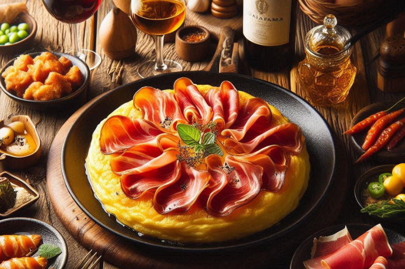 ไวน์เชอร์รี่ Jerez เสิร์ฟพร้อมกับทาปาสสเปน เช่น Jamón Ibérico และ Tortilla Española