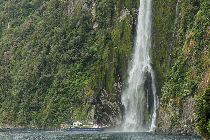 milford sound waterfall ship