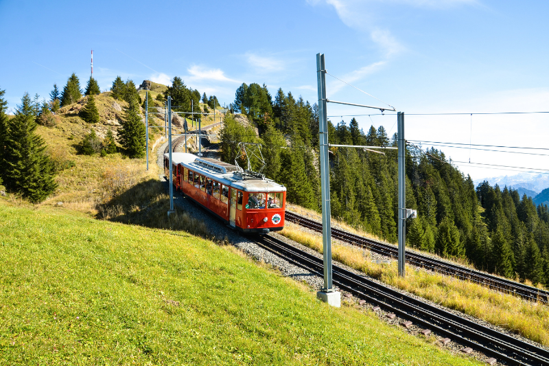 รถไฟไต่เขา Rigi Bahn กำลังเดินทางขึ้นสู่ยอดเขาริกิ พร้อมวิวทะเลสาบสี่แคว้นที่สวยงาม