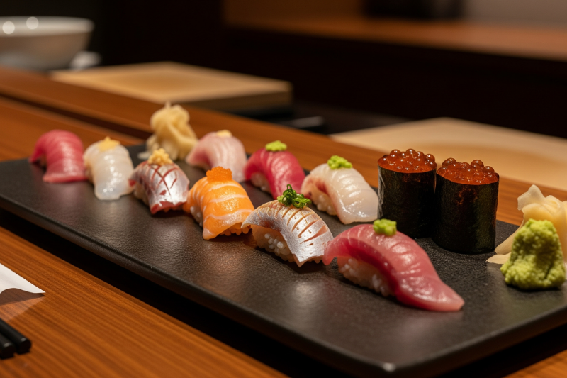 จานซูชิโอมากาเสะน่ารับประทานวางบนเคาน์เตอร์ไม้