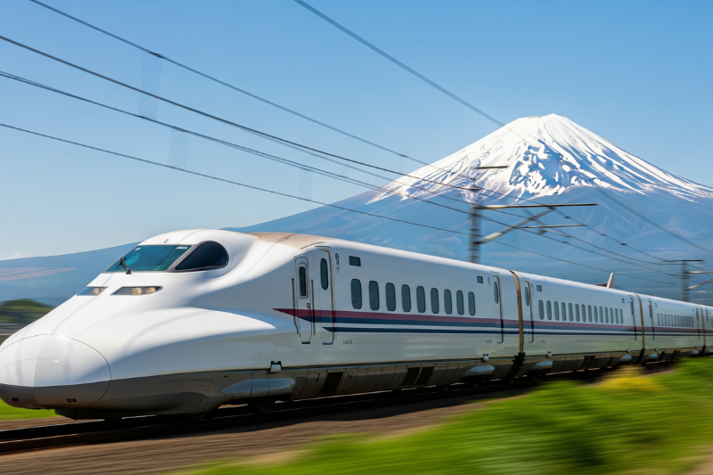 รถไฟชินคันเซ็นกำลังวิ่งโดยมีฉากหลังเป็นภูเขาไฟฟูจิ
