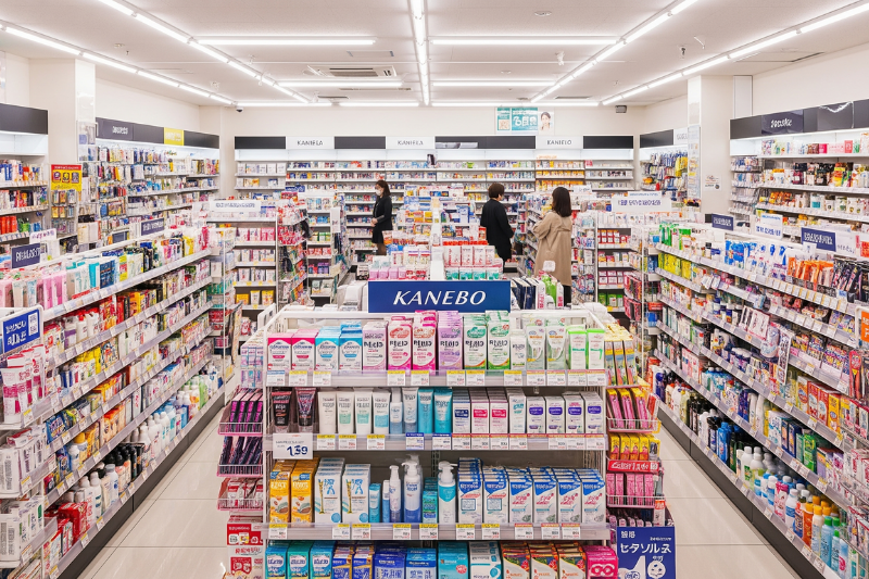 ร้านขายยาหรือร้านเครื่องสำอางในญี่ปุ่นที่เต็มไปด้วยสินค้า