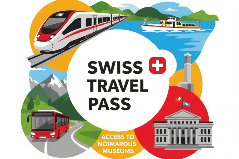 อินโฟกราฟิกแสดงสิทธิประโยชน์ของบัตร Swiss Travel Pass สำหรับการเดินทางในสวิตเซอร์แลนด์ด้วยรถไฟ เรือ และรถบัส