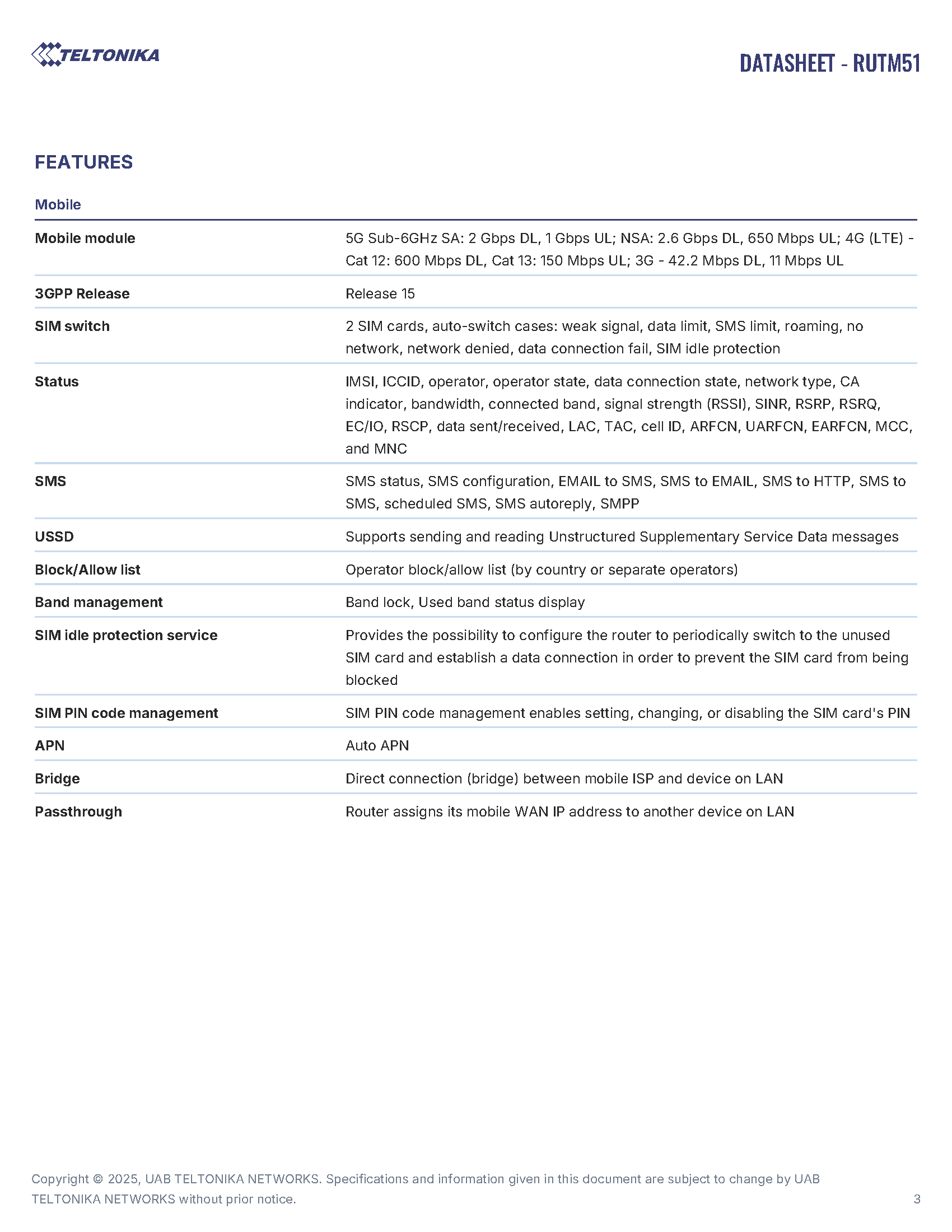 RUTM51 Data Sheet page 3
