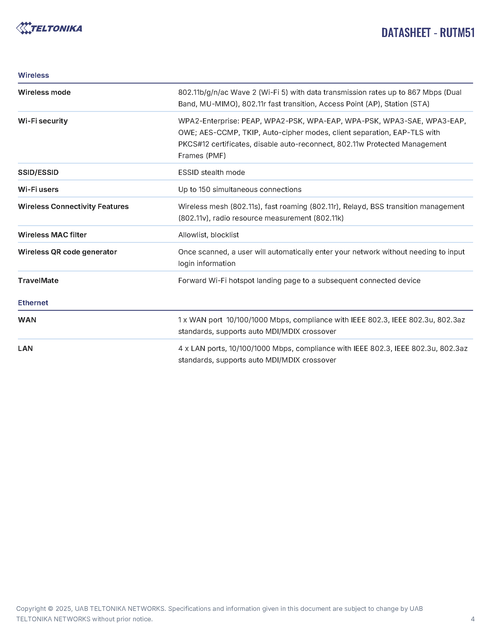RUTM51 Data Sheet page 4