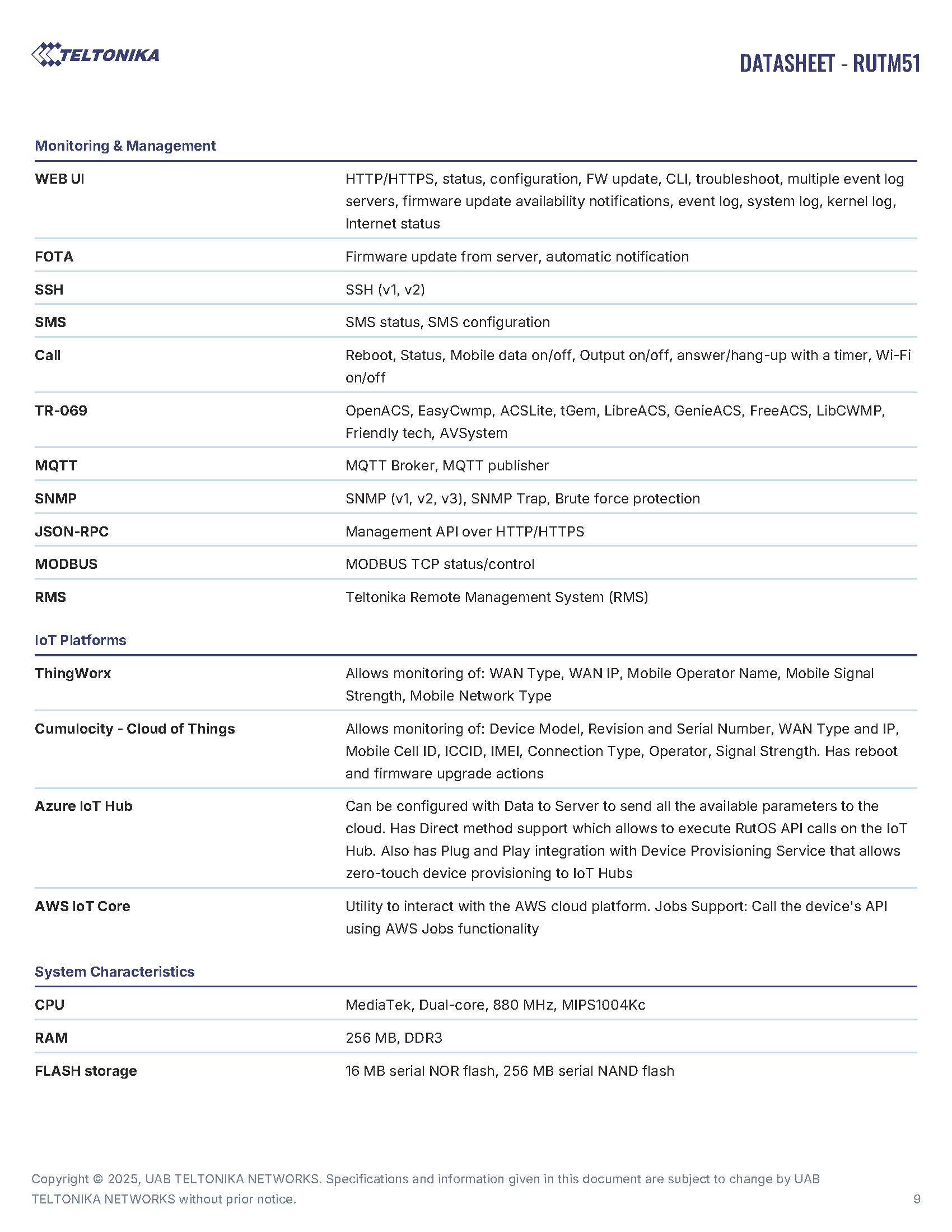 RUTM51 Data Sheet page 9