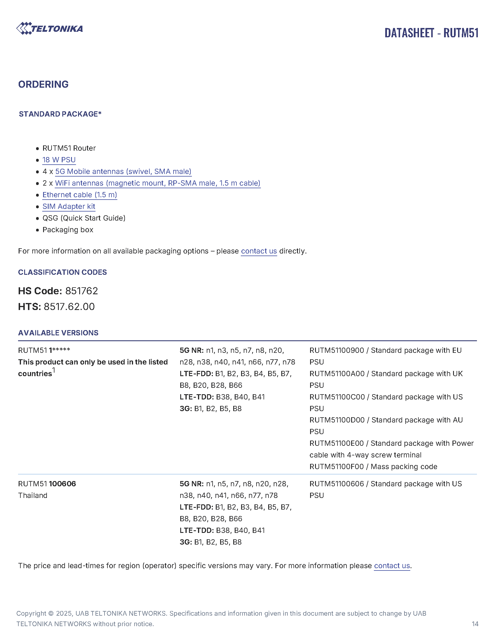 RUTM51 Data Sheet page 14