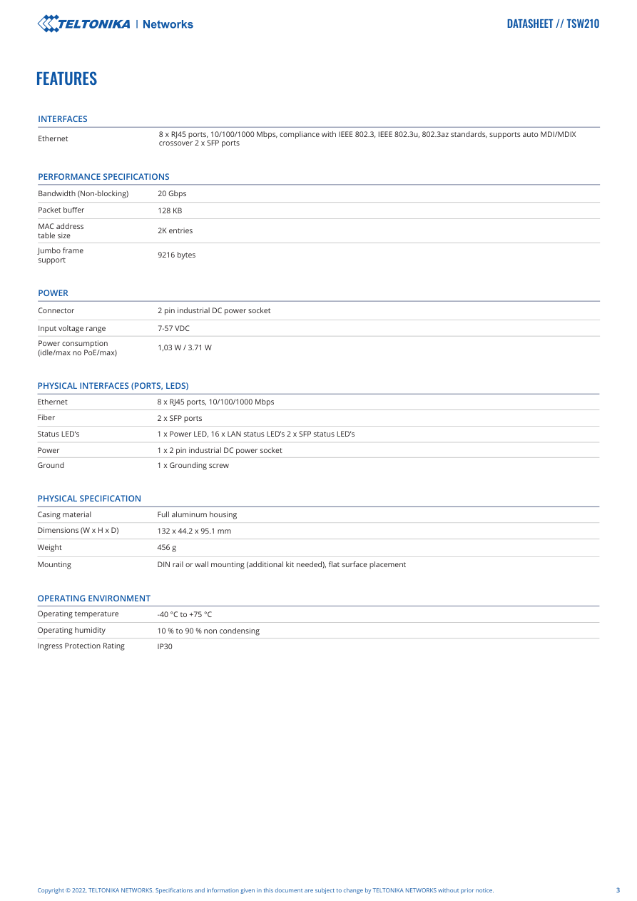 TSW210 Data Sheet page 3