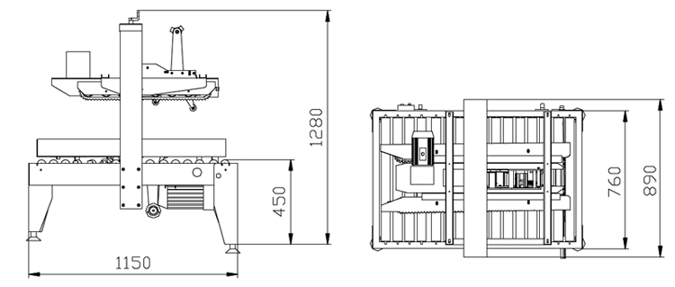 รูปด้านข้างและด้านบนของเครื่องปิดเทปกาวกึ่งอัตโนมัติรุ่น MH-FJ-1AW