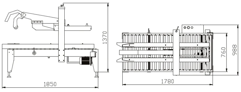 รูปด้านข้าง และด้านบนของเครื่องปิดเทปกาวอัตโนมัติ รุ่น MH-FJ-3A