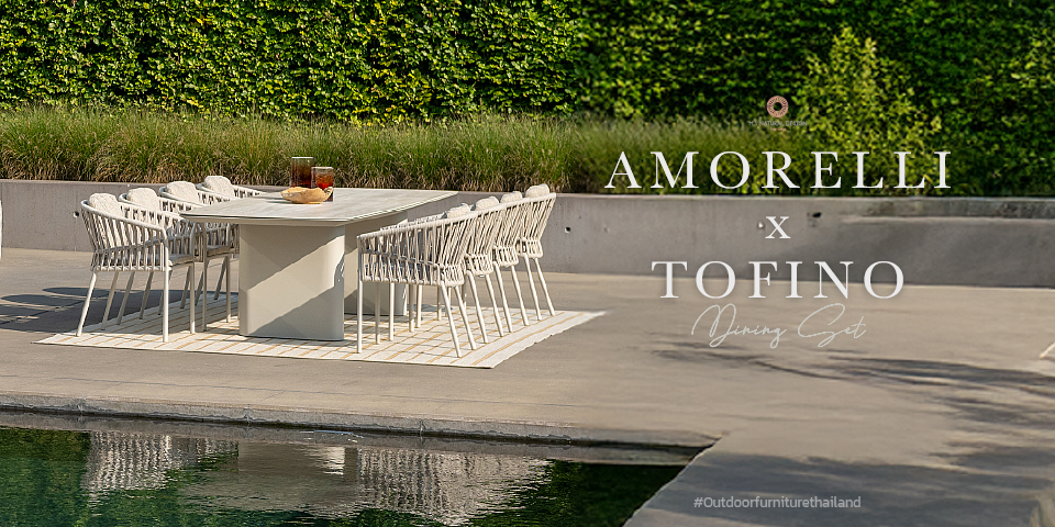 Amorelli x Tofino Dining Set by Jati & Kebon featuring a ceramic-top dining table and Tofino dining chairs in Dune color for premium outdoor dining.