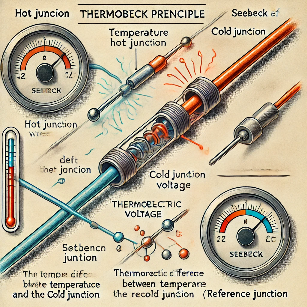 Thermocouple Sensors 2 DALL·E 2024 10 03 09 22 24 A diagram showing the working principle of a thermocouple The image should depict two different metal wires connected at one end hot junction where