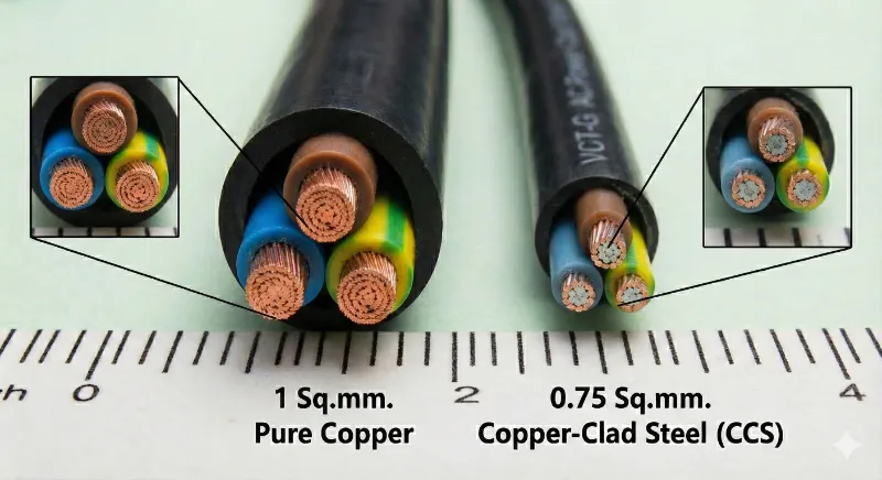 เปรียบเทียบสายไฟทองแดงแท้ 1.0 sq.mm กับสายไฟ CCA ของปลอม ไส้ในสีเงิน