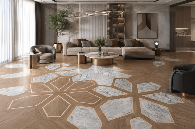 Premium engineered wood flooring with custom geometric parquet and marble inlay for luxury residential interiors