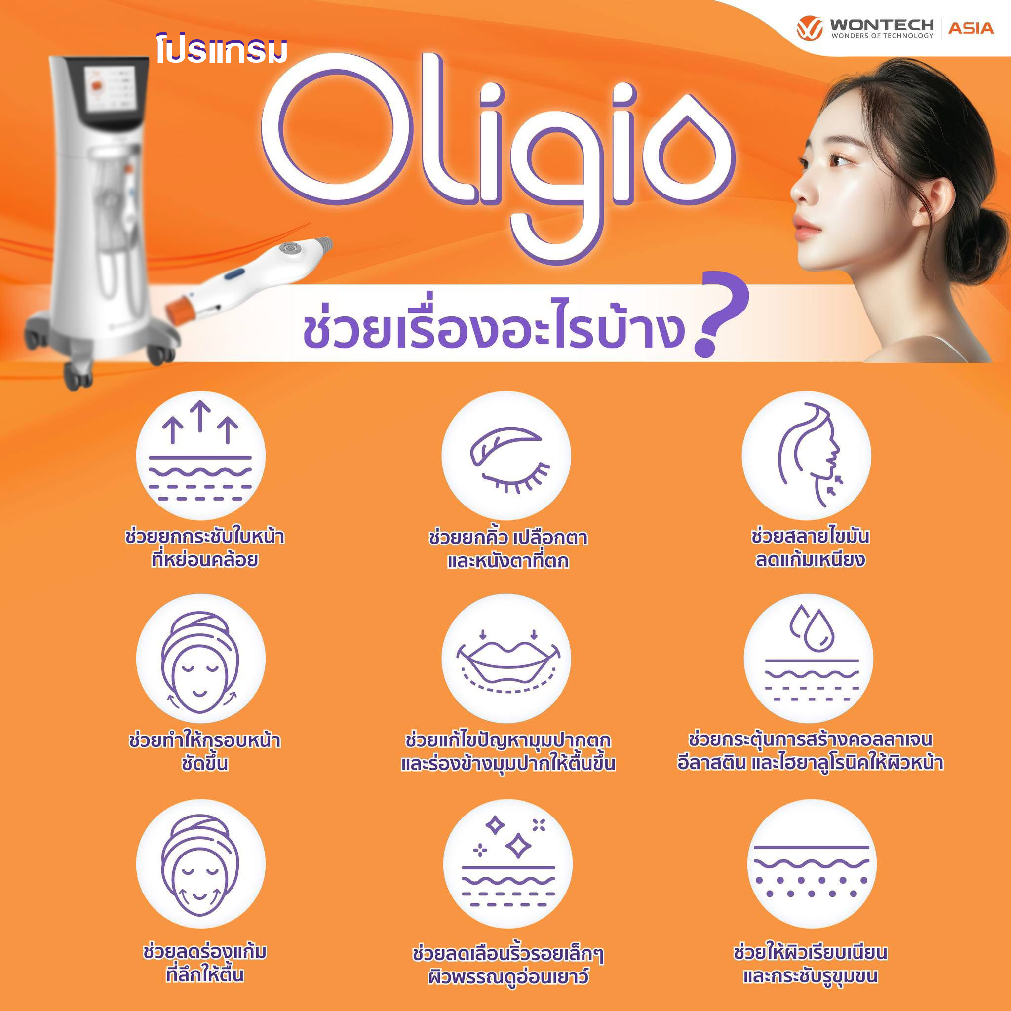 2. โปรแกรม Oligio ทำงานอย่างไร? โปรแกรม Oligio ใช้คลื่นวิทยุ Monopolar RF ความถี่ 6.78 MHz ส่งพลังงานความร้อนลงสู่ชั้นใต้ผิวหนัง ความร้อนนี้จะกระตุ้นการสร้างคอลลาเจนและอีลาสตินใหม่ คอลลาเจนและอีลาสตินเป็นโปรตีนที่ช่วยให้ผิวหน้าเต่งตึง ยืดหยุ่น และเรียบเนียน เมื่อมีคอลลาเจนและอีลาสตินเพิ่มขึ้น ผิวหน้าจะยกกระชับ ริ้วรอยดูจางลง และรูปหน้าจะเรียวขึ้น 2. โปรแกรม Oligio ทำงานอย่างไร? โปรแกรม Oligio ใช้คลื่นวิทยุ Monopolar RF ความถี่ 6.78 MHz ส่งพลังงานความร้อนลงสู่ชั้นใต้ผิวหนัง ความร้อนนี้จะกระตุ้นการสร้างคอลลาเจนและอีลาสตินใหม่ คอลลาเจนและอีลาสตินเป็นโปรตีนที่ช่วยให้ผิวหน้าเต่งตึง ยืดหยุ่น และเรียบเนียน เมื่อมีคอลลาเจนและอีลาสตินเพิ่มขึ้น ผิวหน้าจะยกกระชับ ริ้วรอยดูจางลง และรูปหน้าจะเรียวขึ้น