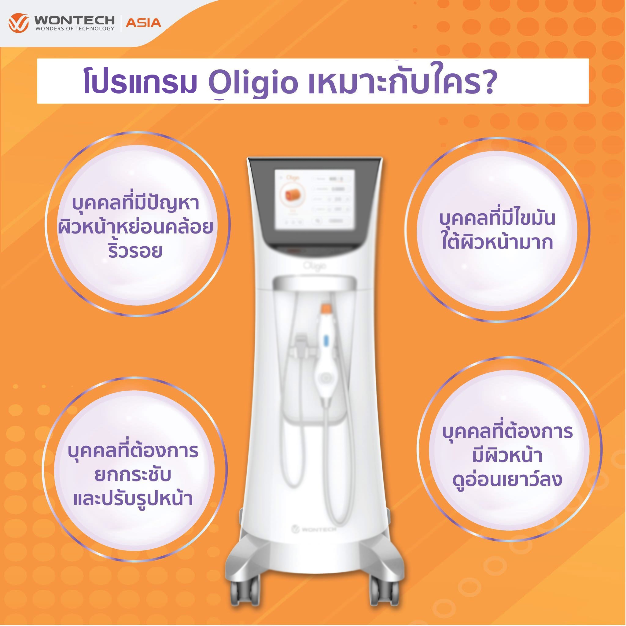 3. โปรแกรม Oligio เหมาะกับใคร? โปรแกรม Oligio เหมาะกับบุคคลที่มีปัญหาผิวหน้าหย่อนคล้อย ริ้วรอย ไขมันใต้ผิวหน้ามาก ต้องการยกกระชับและปรับรูปหน้า หรือต้องการมีผิวหน้าดูอ่อนเยาว์ลง