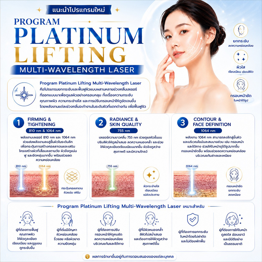 แนะนำโปรแกรมยกกระชับผิวด้วยเลเซอร์ หลายความยาวคลื่น Program Platinum Lifting Multi-Wavelength Laser แนะนำโปรแกรมยกกระชับผิวด้วยเลเซอร์ หลายความยาวคลื่น Program Platinum Lifting Multi-Wavelength Laser