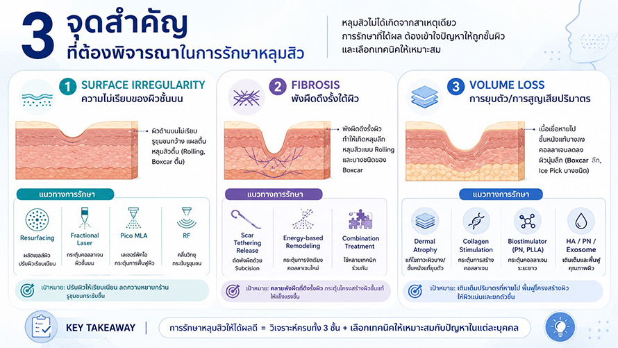3 จุดสำคัญที่ต้องพิจารณาในการรักษาหลุมสิว: Surface Irregularity, Fibrosis และ Volume Loss