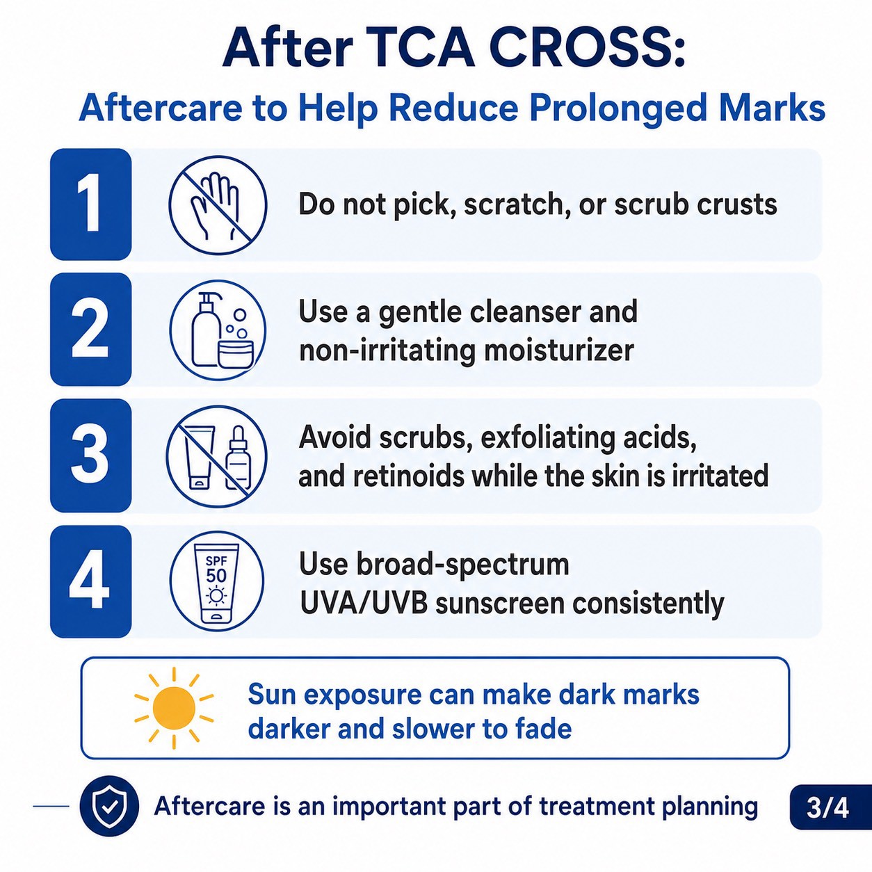  Ice-pick acne scars are narrow, deep scars that may respond only modestly to superficial treatments. One option a physician may consider is TCA CROSS—the focal application of trichloroacetic acid (TCA) to the base of individual scars.