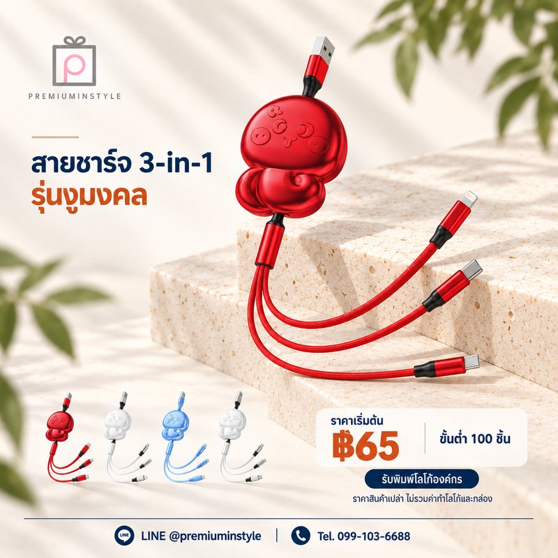 สายชาร์จ 3-in-1 รุ่นงูมงคล ของพรีเมี่ยม สกรีนโลโก้