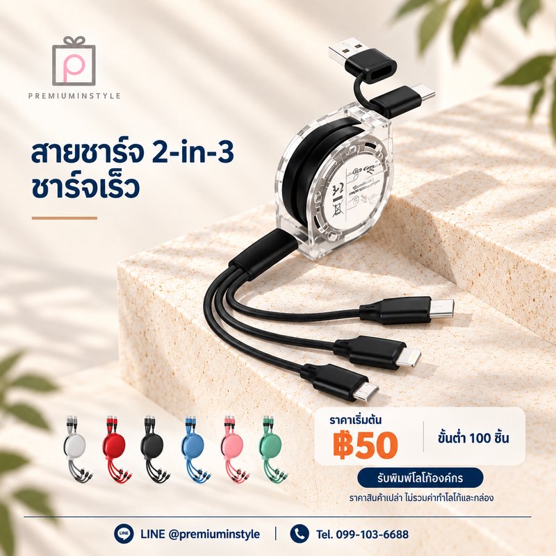 สายชาร์จ 2-in-3 ชาร์จเร็ว ของพรีเมี่ยม สกรีนโลโก้