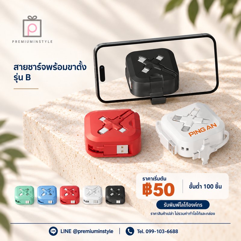 สายชาร์จพร้อมขาตั้ง รุ่น B ของพรีเมี่ยม สกรีนโลโก้