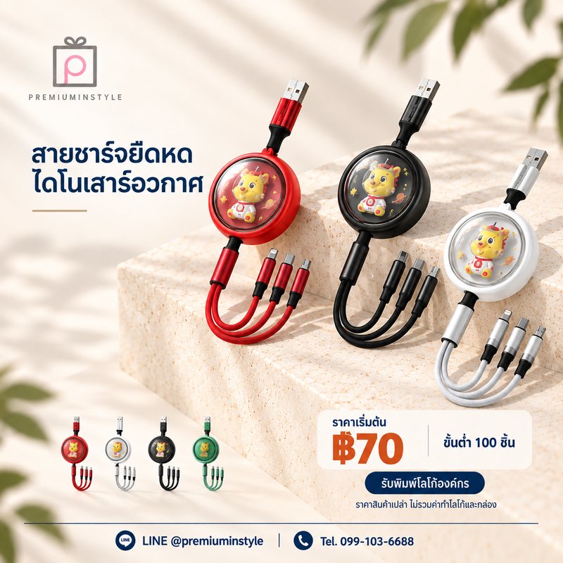 สายชาร์จยืดหด ไดโนเสาร์อวกาศ ของพรีเมี่ยม สกรีนโลโก้