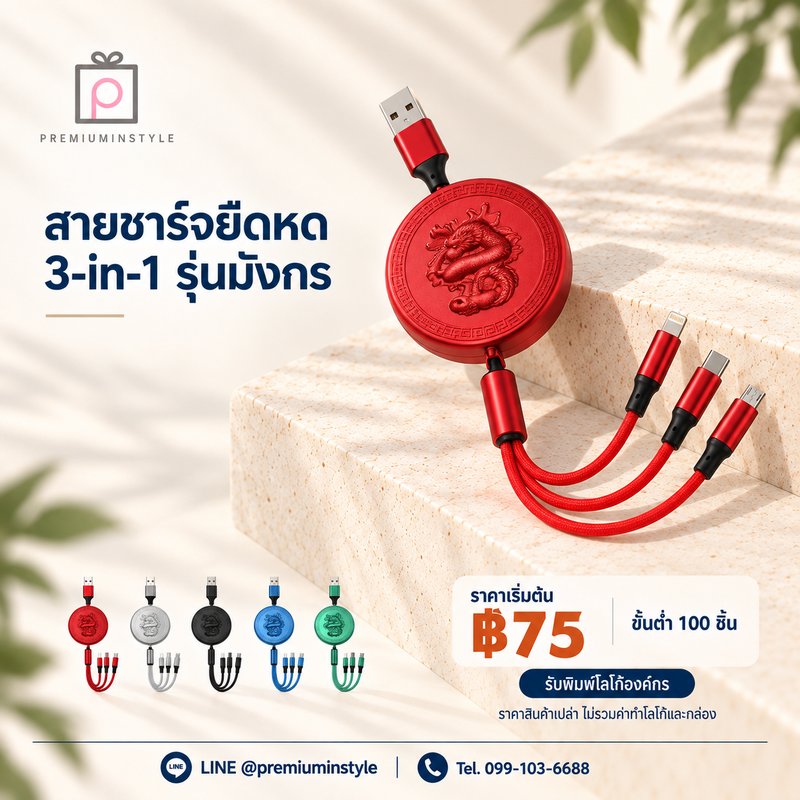 สายชาร์จยืดหด 3-in-1 รุ่นมังกร ของพรีเมี่ยม สกรีนโลโก้