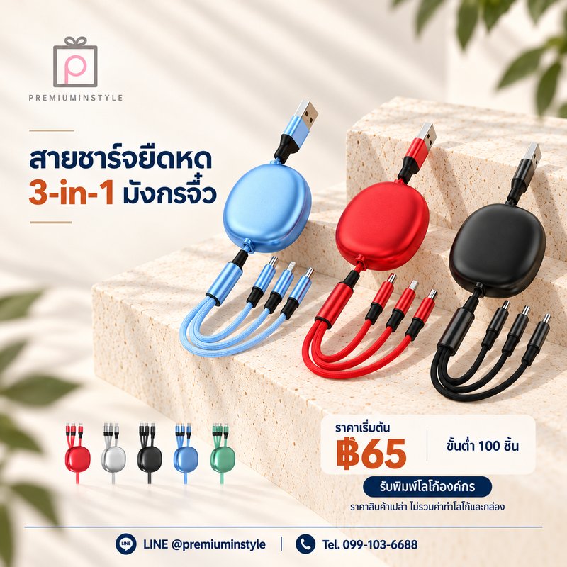 สายชาร์จยืดหด 3-in-1 มังกรจิ๋ว ของพรีเมี่ยม สกรีนโลโก้