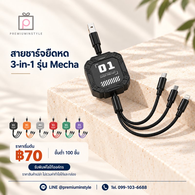 สายชาร์จยืดหด 3-in-1 รุ่น Mecha ของพรีเมี่ยม สกรีนโลโก้