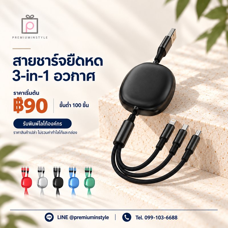 สายชาร์จยืดหด 3-in-1 อวกาศ ของพรีเมี่ยม สกรีนโลโก้