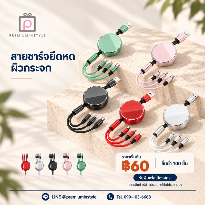 สายชาร์จยืดหด ผิวกระจก ของพรีเมี่ยม สกรีนโลโก้