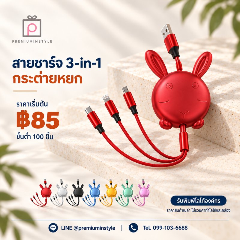 สายชาร์จ 3-in-1 กระต่ายหยก ของพรีเมี่ยม สกรีนโลโก้