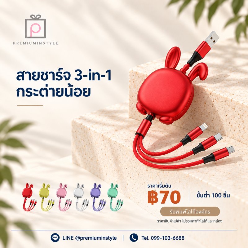 สายชาร์จ 3-in-1 กระต่ายน้อย ของพรีเมี่ยม สกรีนโลโก้