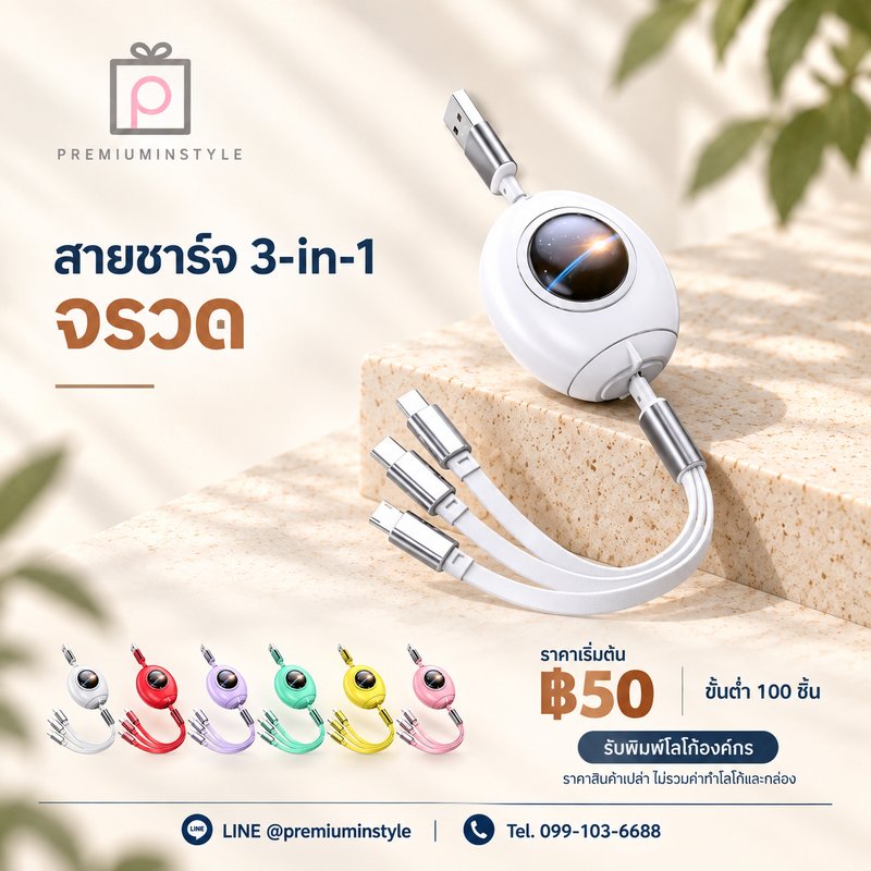 สายชาร์จ 3-in-1 จรวด ของพรีเมี่ยม สกรีนโลโก้