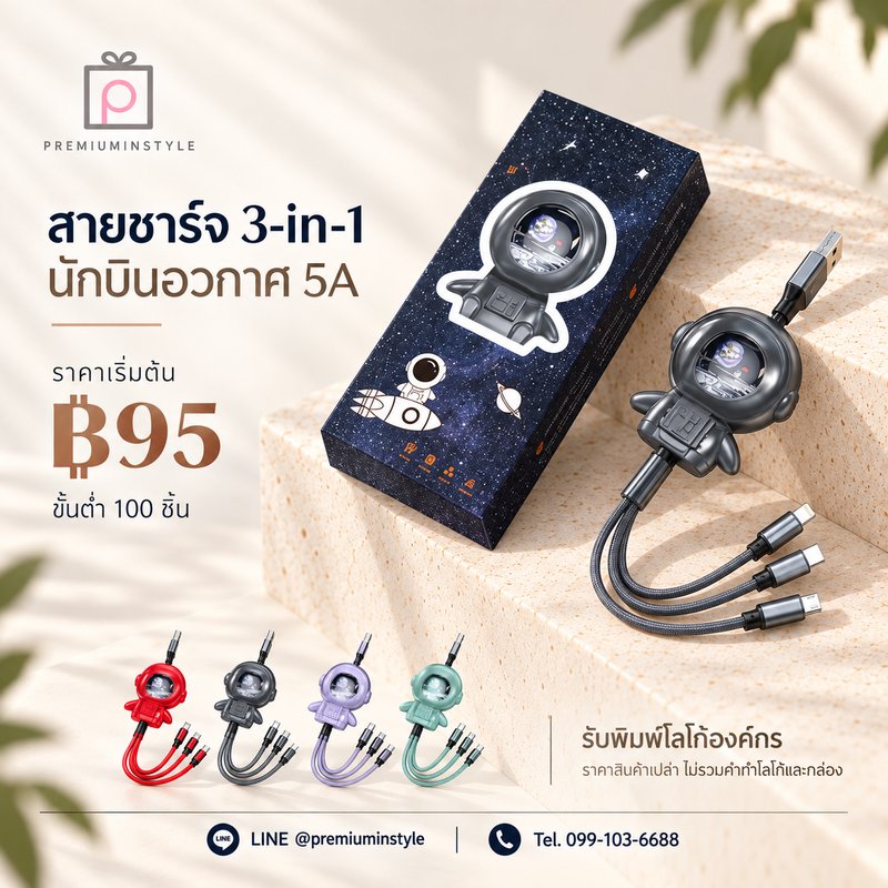 สายชาร์จ 3-in-1 นักบินอวกาศ 5A ของพรีเมี่ยม สกรีนโลโก้