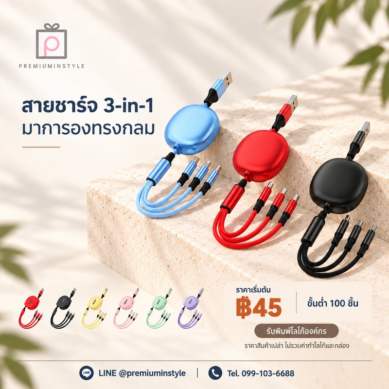 สายชาร์จ 3-in-1 มาการองทรงกลม ของพรีเมี่ยม สกรีนโลโก้
