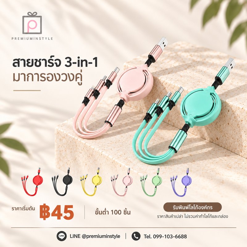 สายชาร์จ 3-in-1 มาการองวงคู่ ของพรีเมี่ยม สกรีนโลโก้