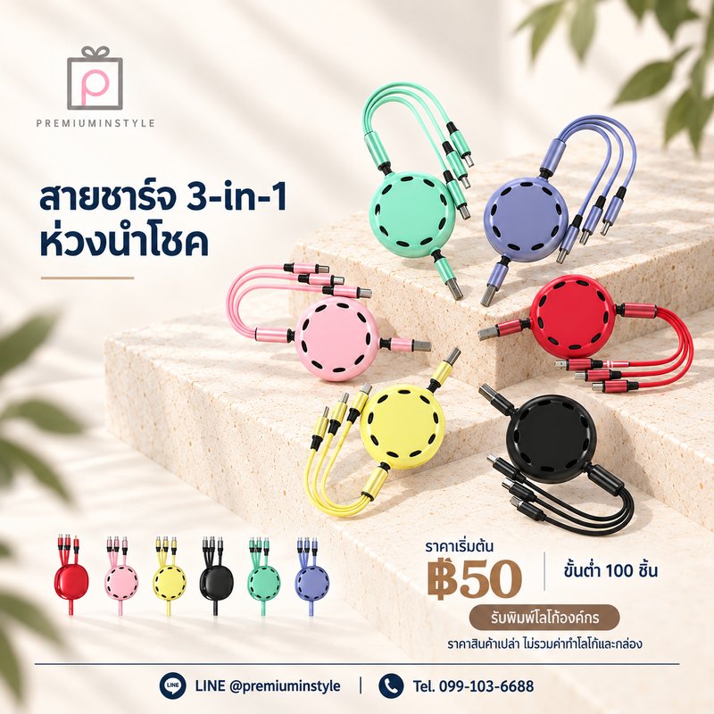 สายชาร์จ 3-in-1 ห่วงนำโชค ของพรีเมี่ยม สกรีนโลโก้